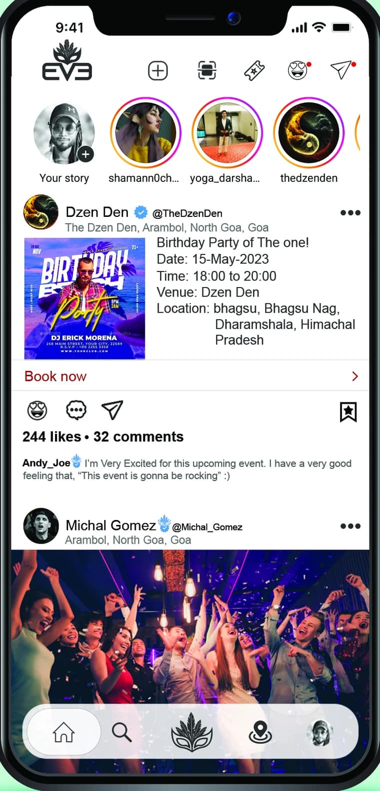 The EVE home feed — stories, an event post with Book Now, likes and comments